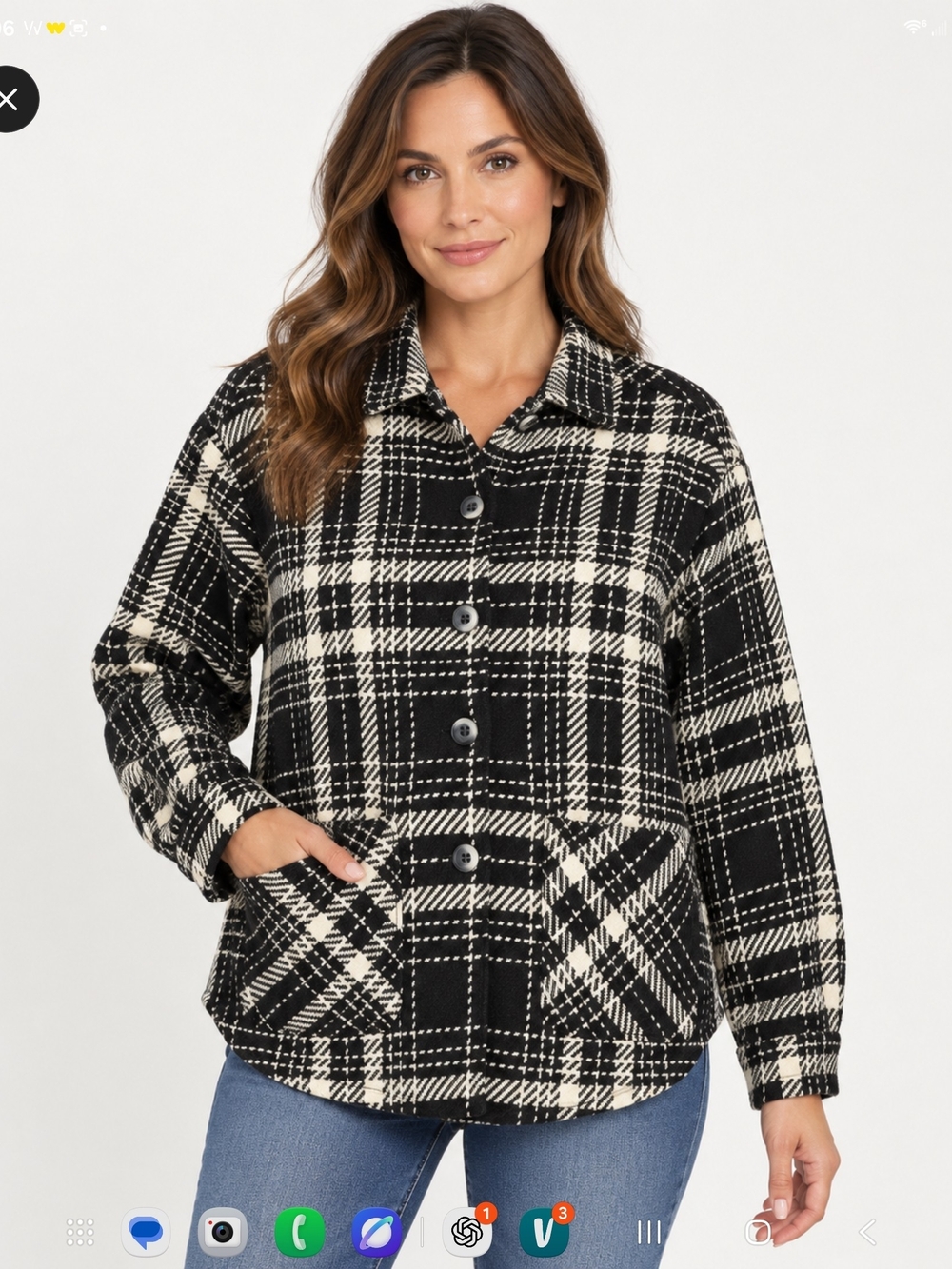 Black and Cream Plaid Button-Front Women's Shirt Jacket